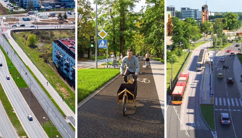 Po lewej stronie zdjęcie trasy autobusowej na Jagodno, w środku wizualizacja drogi rowerowej na ul. Ołtaszyńskiej, po prawej wizualizacja trasy autobusowo-tramwajowej na Bardzkiej - to inwestycje związane z poprawą komunikacji na południu Wrocławia