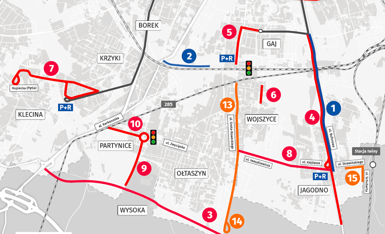 Mapa przedstawia inwestycje związane z Pakietem dla Południa. INWESTYCJE ZREALIZOWANE: 1. Trasa autobusowa na Jagodno 2. Fragment Promenady Krzyckiej INWESTYCJE W TRAKCIE REALIZACJI 3. Budowa Wschodniej Obwodnicy Wrocławia 4. Projektowanie rozbudowy ul. Buforowej i tramwaju na Jagodno 5. Projektowanie tramwaju Borowska Szpital 6. Projektowanie remontu ul. Pawiej 7. Projektowanie tramwaju na Klecinę 8. Przetarg na projekt łącznika Iwaszkiewicza - Kajdasza 9. Budowa drogi rowerowej na ul. Ołtaszyńskiej 10. Projektowanie przebudowy ul. Zwycięskiej wraz z rondem o Pio 11. Budowa trasy autobusowo-tramwajowej na ulicy Bardzkiej (między Armii Krajowej a Piękną) 12. Budowa dróg rowerowych po obu stronach Armii Krajowej i al. Wiśniowej. INWESTYCJE PLANOWANE 13. Budowa wydzielonego buspasa na ul. Grota-Roweckiego 14. Budowa zatoki autobusowej przy ul. Grota Roweckiego 15. Budowa brakujących odcinków dróg i chodników prowadzących do stacji kolejowej Iwiny (na ul. Strawińskiego i Schuberta)