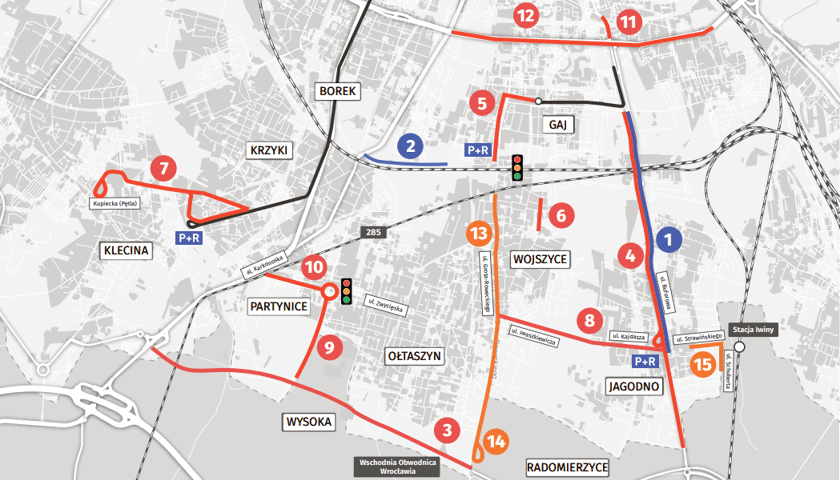 Mapa przedstawia inwestycje związane z Pakietem dla Południa. INWESTYCJE ZREALIZOWANE: 1. Trasa autobusowa na Jagodno 2. Fragment Promenady Krzyckiej INWESTYCJE W TRAKCIE REALIZACJI 3. Budowa Wschodniej Obwodnicy Wrocławia 4. Projektowanie rozbudowy ul. Buforowej i tramwaju na Jagodno 5. Projektowanie tramwaju Borowska Szpital 6. Projektowanie remontu ul. Pawiej 7. Projektowanie tramwaju na Klecinę 8. Przetarg na projekt łącznika Iwaszkiewicza - Kajdasza 9. Budowa drogi rowerowej na ul. Ołtaszyńskiej 10. Projektowanie przebudowy ul. Zwycięskiej wraz z rondem o Pio 11. Budowa trasy autobusowo-tramwajowej na ulicy Bardzkiej (między Armii Krajowej a Piękną) 12. Budowa dróg rowerowych po obu stronach Armii Krajowej i al. Wiśniowej. INWESTYCJE PLANOWANE 13. Budowa wydzielonego buspasa na ul. Grota-Roweckiego 14. Budowa zatoki autobusowej przy ul. Grota Roweckiego 15. Budowa brakujących odcinków dróg i chodników prowadzących do stacji kolejowej Iwiny (na ul. Strawińskiego i Schuberta)