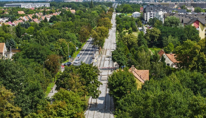 Budowa torowiska na ulicy Kosmonautów z lotu ptaka