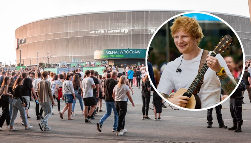 W tle: ludzie zmierzający na stadion Tarczyński Arena, w kółku: Ed Sheeran (zdjęcie ilustracyjne)