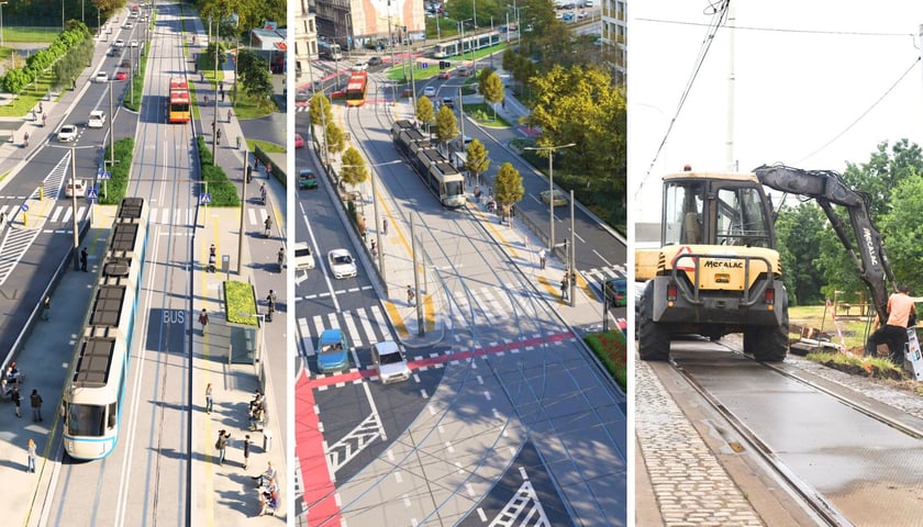 Na zdjęciach widać: fragment wizualizacji tramwaju na Swojczyce, fragment wizualizacji węzła Drobnera-Dubois oraz budowę mijanki na ulicy Przyjaźni. Ilustracje w całości znajdują się w treści artykułu 