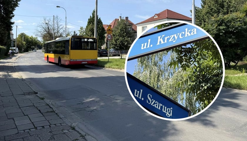 Na dużym zdjęciu ulica Krzycka, na małym, w kółku, znak z nazwą ulicy 