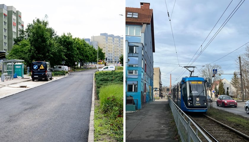 Z lewej strony prace na ul. Bajana, z prawej tramwaj na Opolskiej - trasa ta zostanie przedłużona do granicy miasta a sama ulica zostanie przebudowana