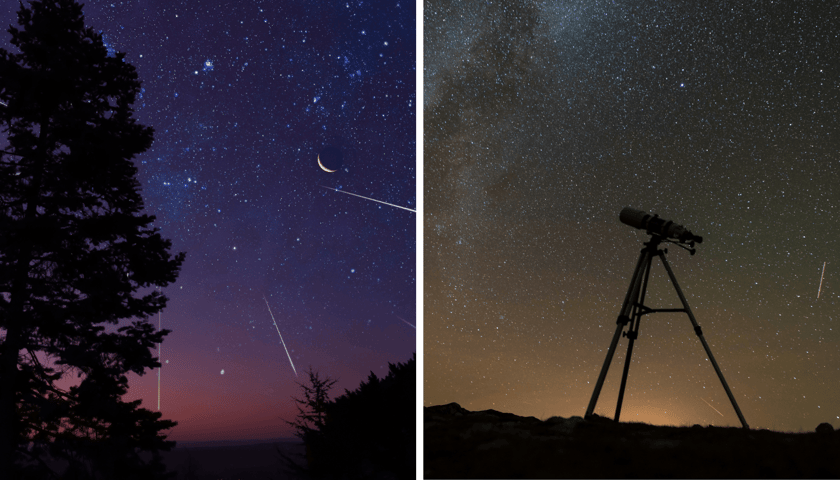 Zestawienie dwóch zdjęć: z lewej - nocne niebo z Perseidami, obok teleskop i nocne niebo