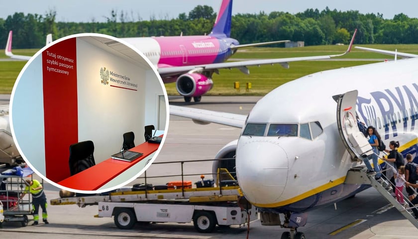 Na zdjęciu płyta wrocławskiego lotniska z samolotami, w kółeczku punkt wyrabiania paszportu w Porcie Lotniczym Wrocław