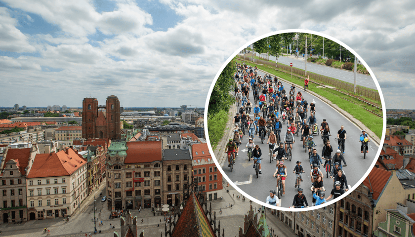 Panorama Wrocławia, w kółku rowerzyści