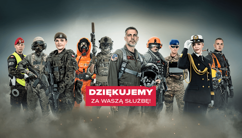 Grupa żołnierzy różnych formacji. Napis: "Dziękujemy za Waszą służbę!" Grafika ilustracyjna.
