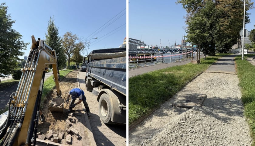 Mężczyzna i pojazdy budowlane na drodze rowerowej przy Wyspiańskiego