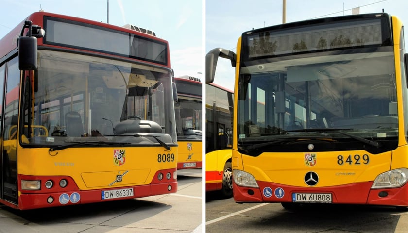 Autobusy na zajezdni Obornicka. Po lewej stronie Volvo 7000A, które weszło do służby w 2002 roku, po prawej Mercedes-Benz 628 03 Citaro G z 2018 roku