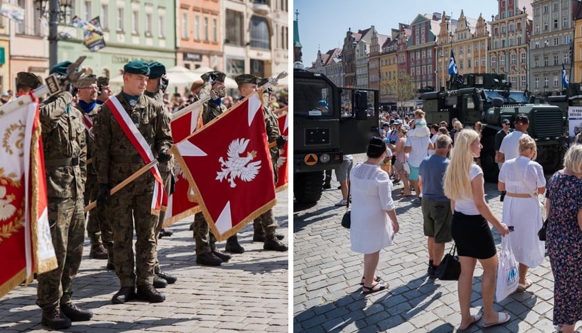 Żołnierze w mundurach z flagami w rękach, kobiety, mężczyźni i dzieci w tle sprzęt wojskowy. 15 sierpnia 2025 r. obchody Święta Wojska Polskiego we Wrocławiu 