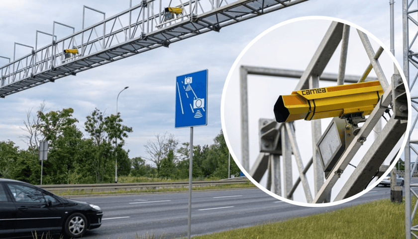 Samochód na drodze i znak informujący o odcinkowym pomiarze prędkości, w kółku żółta kamera CANARD