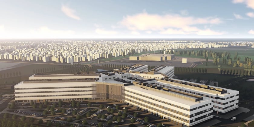 Wizualizacja nowego centrum onkologicznego na Złotnikach. Na ilustracji nowoczesna budowla