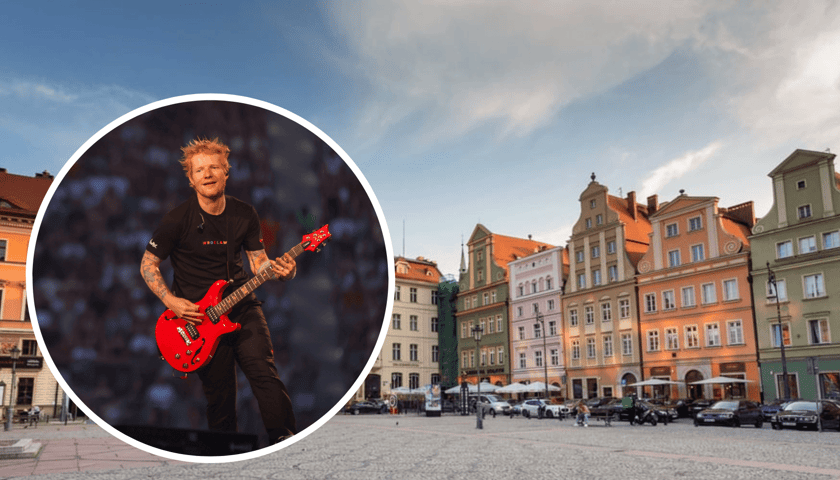 Kolaż 2 zdjęć. W kółko Ed Sheeran, w tle plac Solny we Wrocławiu