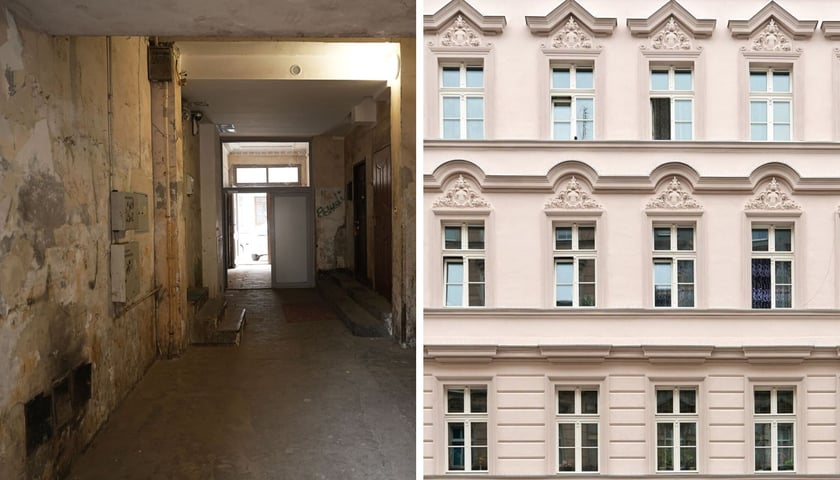 Klatka kamienicy Więckowskiego 20 przed remontem | odnowiona fasada tej samej kamienicy 