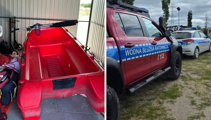 Skradziono silnik do łodzi motorowej ratowników, w tle wóz WSR i radiowóz policji 