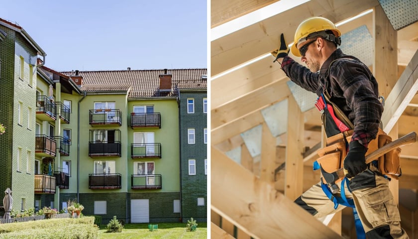 Budynek i zieleń na osiedlu TBS we Wrocławiu, mężczyzna w kasku na budowie konstrukcji dachu. Jak wynająć mieszkanie od TBS Wrocław?