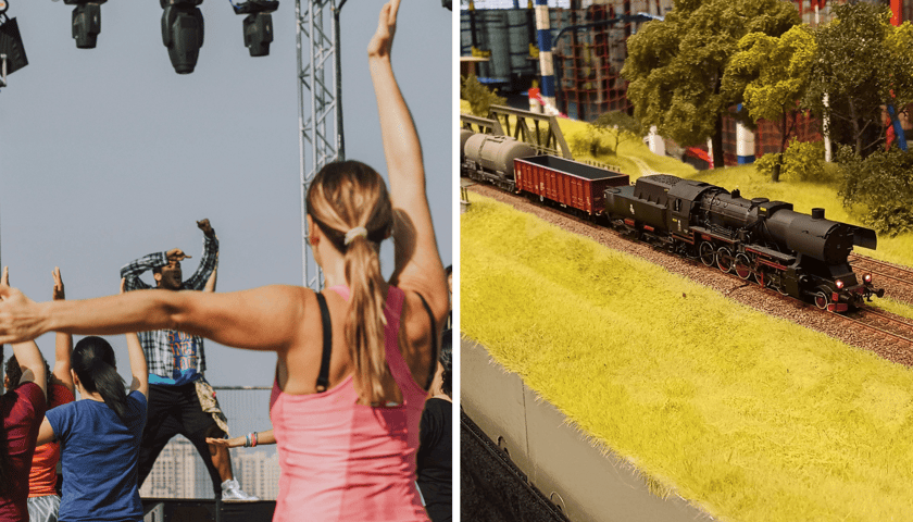 Po lewej tańcząca kobieta, po prawej model na makiecie