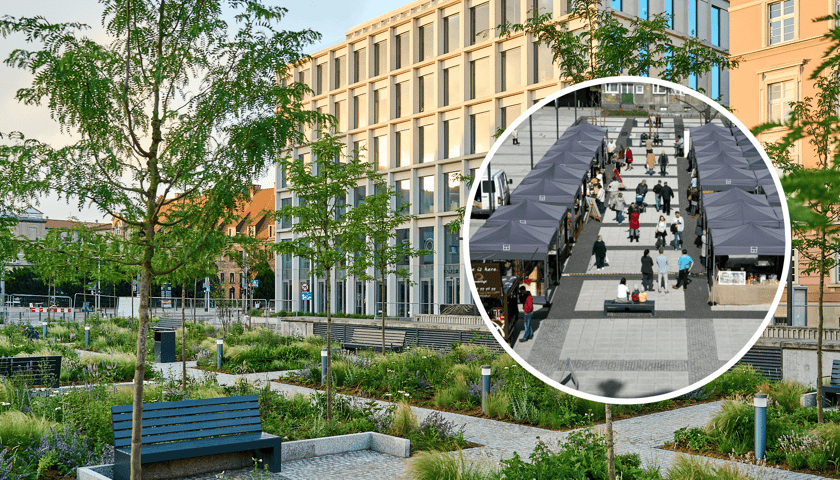 Plac Nowy Targ w nowej odsłonie, w kółku dawna strefa gastronomiczna (namioty i przechadzający się między nimi ludzie)