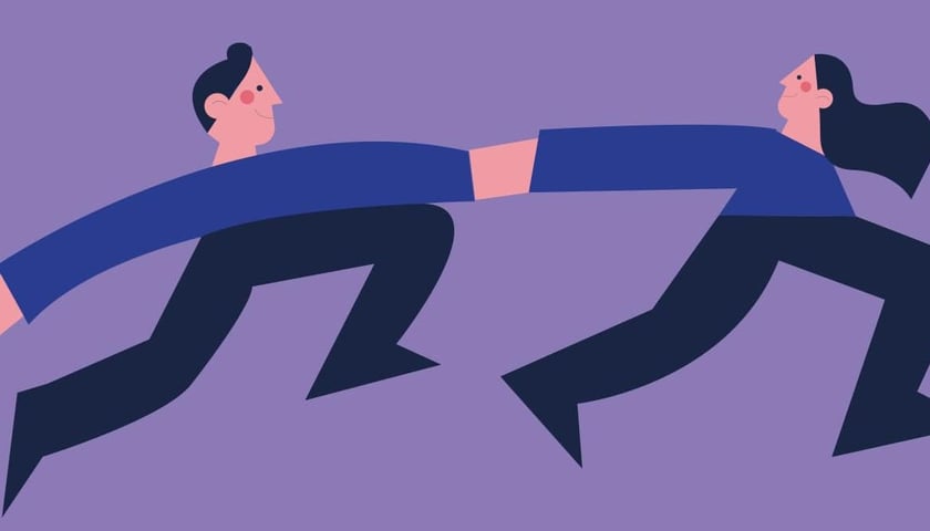 Graficzne postacie trzymające się za ręce.