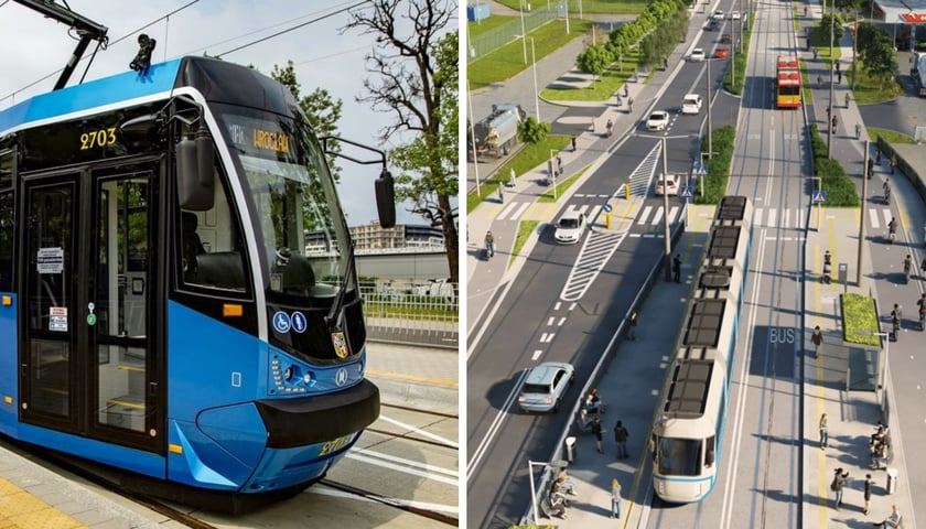 Z lewej strony tramwaj, z prawej wizualizacja trasy tramwajowej na Swojczyce