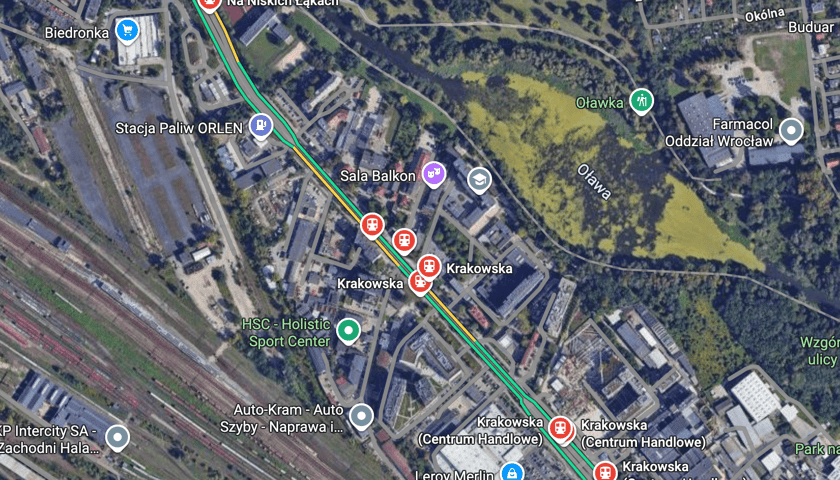 <p>Sytuacja na ul. Krakowskiej, w okolicach przystanku "Krakowska", na godzinę 8:00</p>