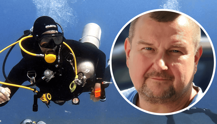 Kolaż 2 zdjęć: w kółku Wojciech Czechowski, nurek z 41-stażem, w tle  nurek  pod wodą w pełnym rynsztunku