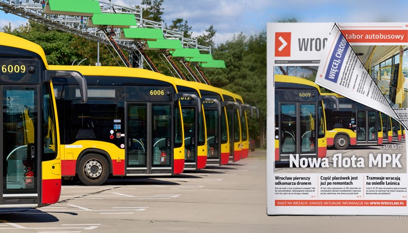 Pięć żółto-czerwonych autobusów floty MPK Wrocław stojących obok siebie. Napis: Nowa flota MPK