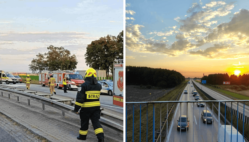 Po lewej strażak na miejscu wypadku, po prawej korkująca się autostrada