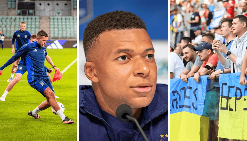 Zestawienie 3 zdjęć. Od lewej zawodnicy reprezentacji Ukrainy podczas treningu, obok Kylian Mbappe, z prawej kibice reprezentacji Ukrainy podczas meczu Ukraina - Anglia na stadionie Tarczyński Arena.