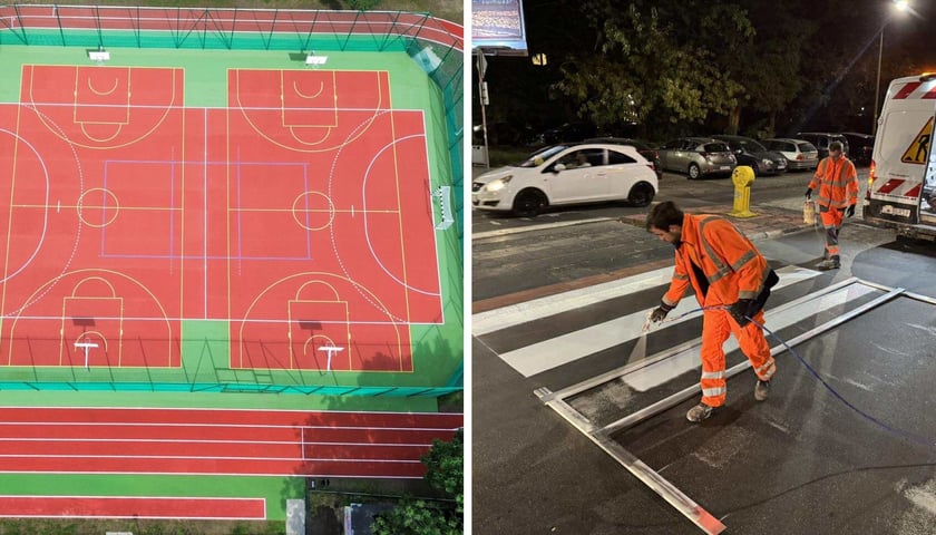 Z lewej: Boisko w SP przy ul. Czeskiej, z prawej: odmalowanie pasów na przejściu dla pieszych w ramach corocznej akcji „Bezpieczna droga do szkoły”