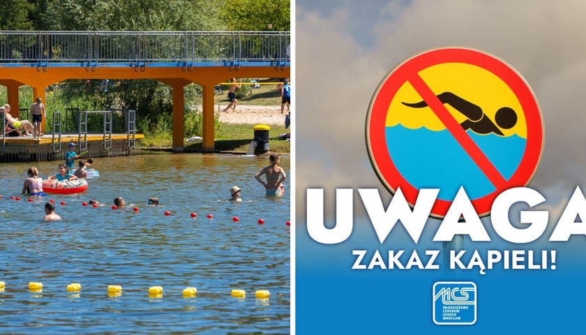 Na zdjęciu z lewej ludzie pływający w wodzie, z prawej znak zakazu pływania