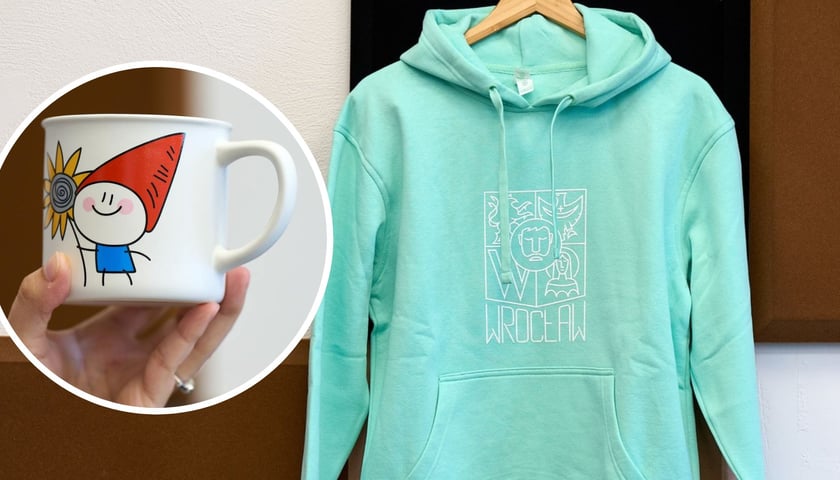 Na zdjęciu dużym bluza z herbem Wrocławia, na małym zdjęciu w kółku kubek krasnalowy