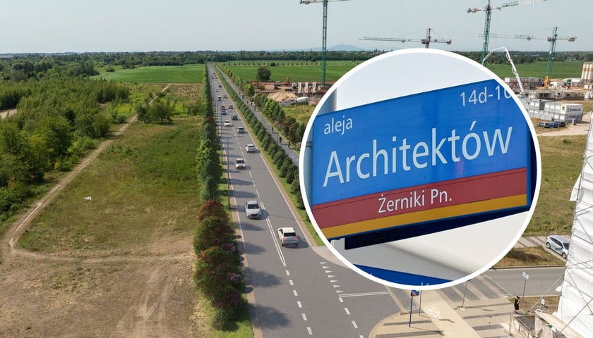 Duża ilustracja przedstawia wizualizację przedłużonej al. Architektów, na małym zdjęciu w kółku widać tabliczkę z nazwą alei