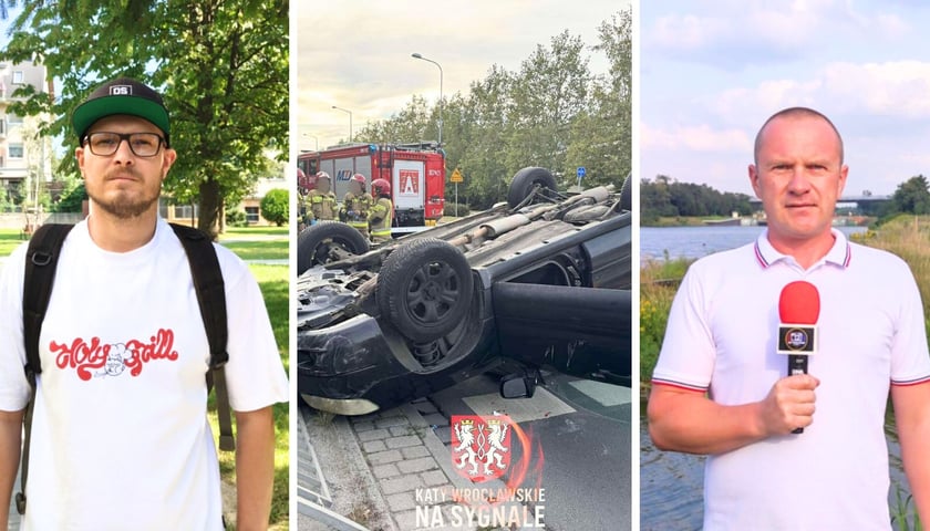 Mężczyzna w czapce, zniszczony samochód, mężczyzna z mikrofonem. Od lewej strony: Krystian Stęclik, po prawej stronie: Mariusz Kowalik, robią portal Kąty Wrocławskie na sygnale