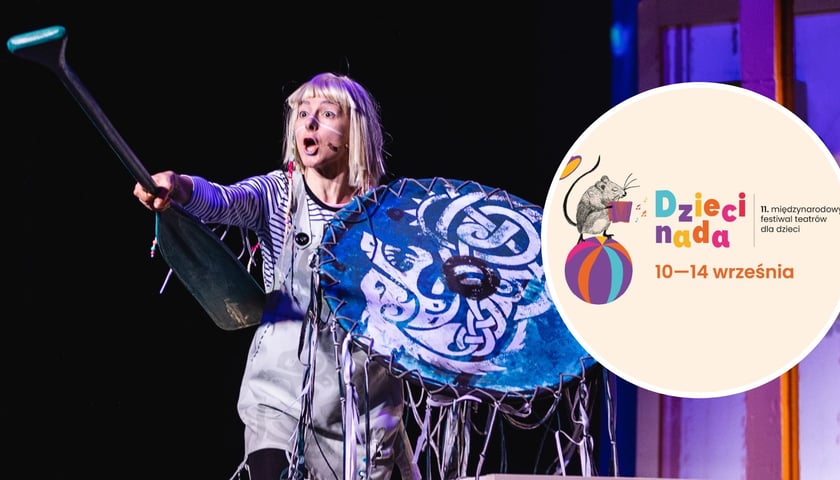 Na dużym zdjęciu scena ze spektaklu „Wikingowie z Północnej ulicy”, na małym zdjęciu w kółku logo festiwalu