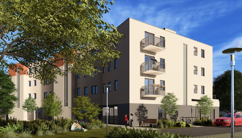 Budynek mieszkalny, w tle zieleń. Leśnica X TBS Wrocław przy ul. Dolnobrzeskiej 34, wizualizacja