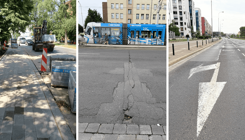 Zestawienie 3 zdjęć. Od lewej chodnik Inżynierskiej w remoncie, obok fragment Legnickiej do remontu i znów ulica Legnicka
