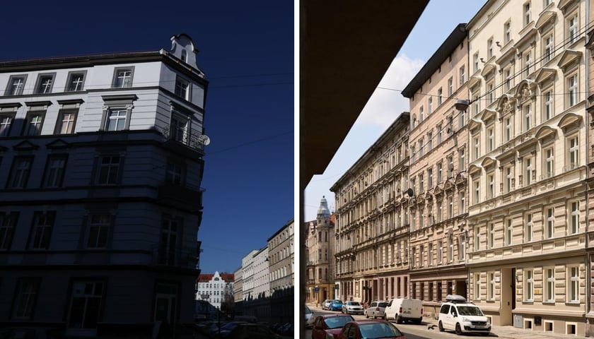 Kamienice po remoncie przy Chudoby | Prądzyńskiego (na zdjęciach widać cienie)