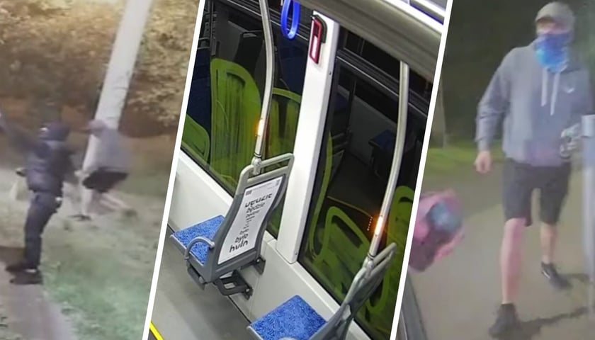 Trzy zdjęcia obok siebie. Na pierwszym zamaskowane osoby malują sprayem tramwaj MPK. Na drugim wnętrze tramwaju z widocznymi szybami na których widać graffiti. Na trzecim zamaskowany mężczyzna - zdjęcie z monitoringu.