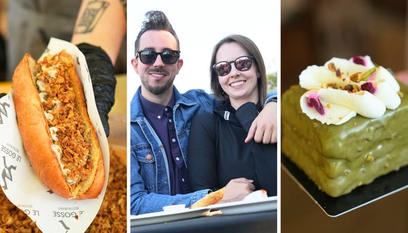 na zdjęciach z prawej i z lewej jedzenie, którego można skosztować na Gastro Miasto w weekend 12-14 września, w środku uśmiechnięta para