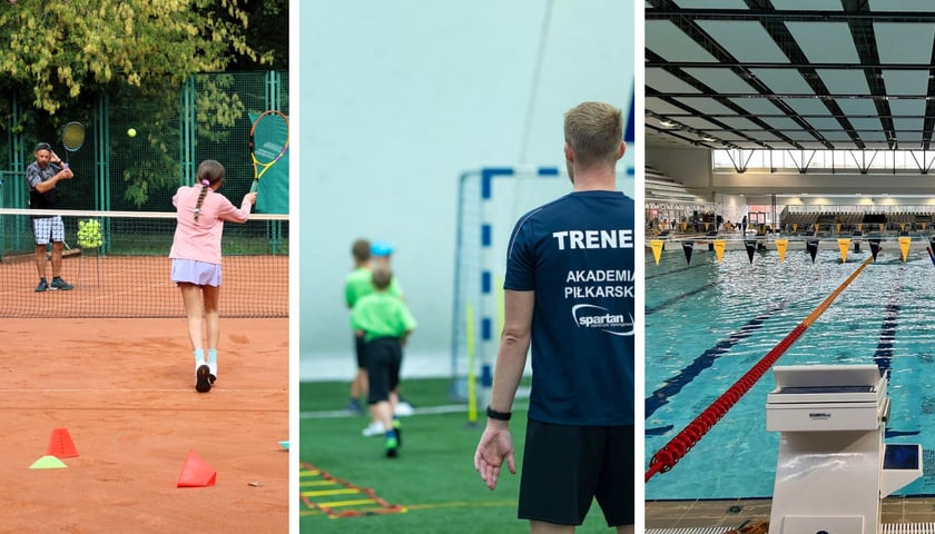 Zdjęcie podzielone na trzy części: na pierwszej dziewczynka i instruktor na ceglanym korcie tenisowym, na drugiej - trener i chłopcy w hali podczas treningu piłkarskiego, na trzecim -  basen z widocznymi torami pływackimi.
