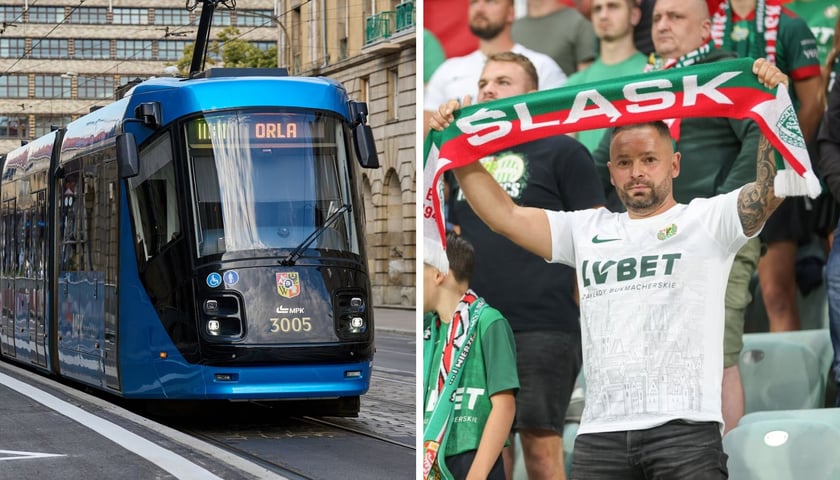 Tramwaj w centrum | Kibic z szalikiem Śląska w górze na stadionie we Wrocławiu (zdjęcia ilustracyjne)