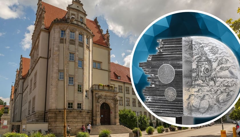 Kolaż dwóch zdjęć. W tle gmach Politechniki Wrocławskiej. W kółku statuetka Europejskiej Nagrody im. Stanisława Lema