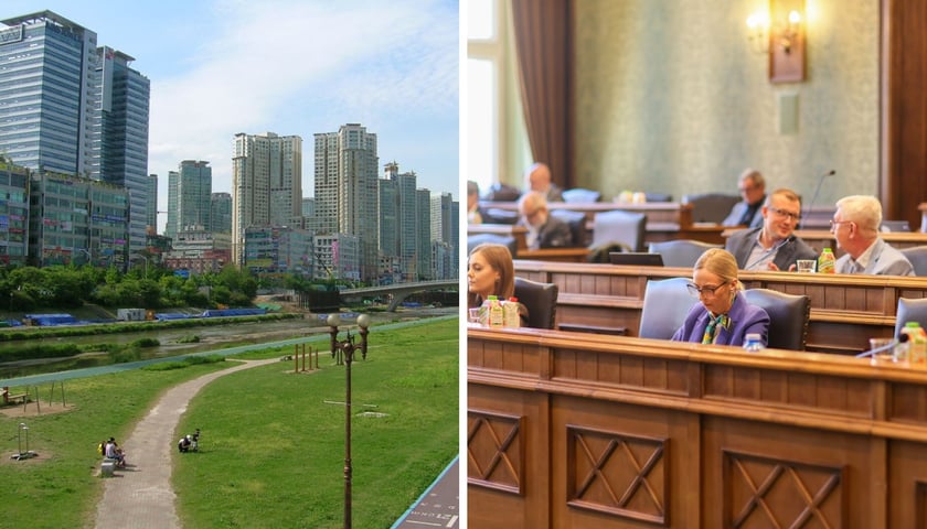 Z lewej miasto Seongnam w Korei Południowej. Z prawej sesja Rady Miejskiej Wrocławia