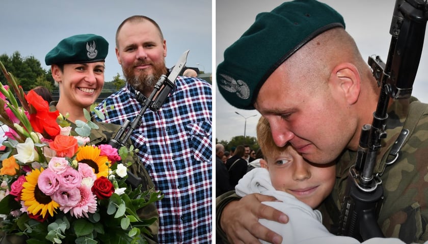 Uśmiechnięta kobieta w wojskowym mundurze z kwiatami, mężczyzna z brodą, mężczyzna w mundurze płacze i obejmuje chłopca. 13 września 2025 r. w 10 Wrocławskiej Brygadzie Łączności ochotnicy złożyli przysięgę