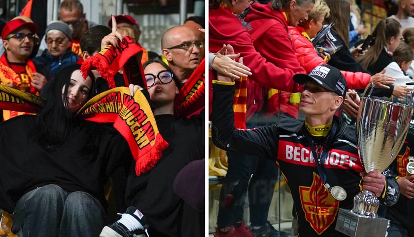 Kibice z szalikami na trybunie Olimpijskiego | żużlowiec Jakub Krawczyk z pucharem (16 września na Olimpijskim)