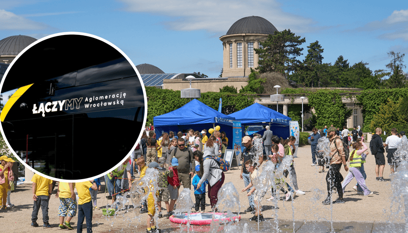 Ludzie na pikniku pod Halą Stulecia, w kółku szyba autobusu z napisem: łączymy aglomerację wrocławską