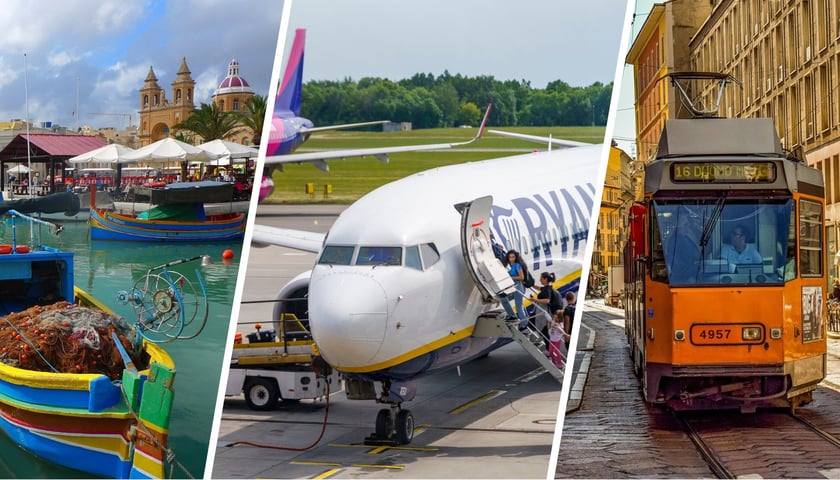 Łódka w porcie na Malcie | samolot na lotnisku we Wrocławiu | tramwaj na ulicy w Mediolanie