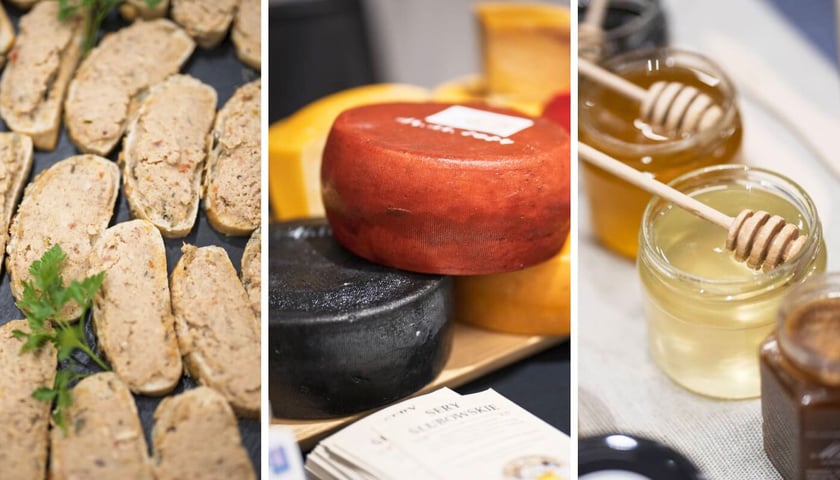 na zdjęciach od lewej kanapki z pastą, sery żółte, miody z jednego z poprzednich spotkań „Od pola na wrocławski stół”